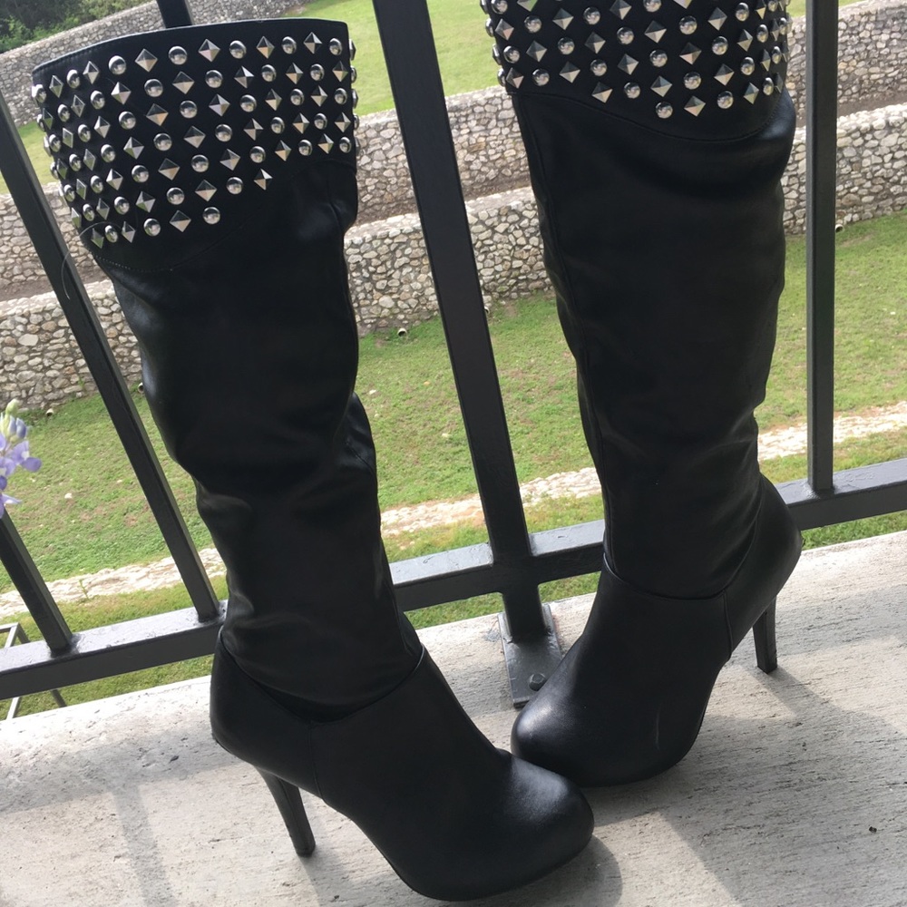 BCBGeneration Black Leather Studded Stiletto Boots